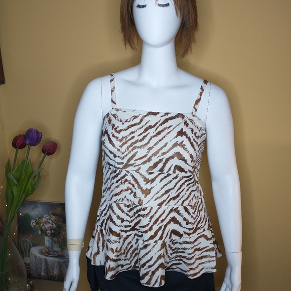 Cacique Other - SWIM by Cacique White Bronze Zebra Striped Tiered Tankini Swim Suit Top